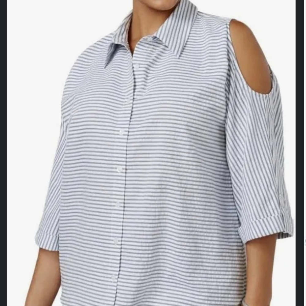 STYLE & Co. Plus Size Striped White Blue Cold Shoulder Long Sleeve Button Up